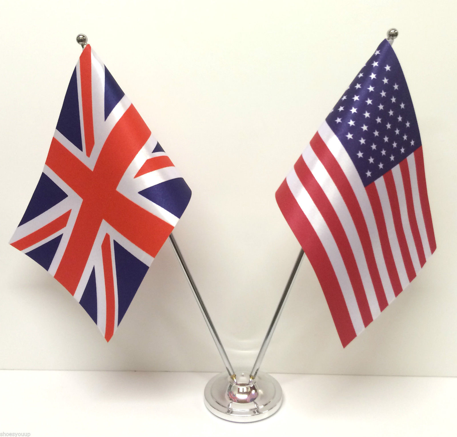 Union-Jack-GB-USA-America-Friendship-Flags-Chrome-Satin-Table-Desk-Flag-Set-361116770765